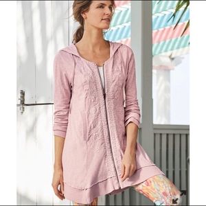 Soft Surroundings Corrina Pink Floral Embroidered Zip Hoodie Sweatshirt